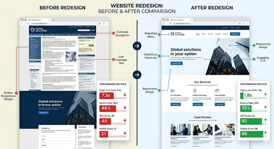 website redesign services before and after comparison showing improved layout and performance